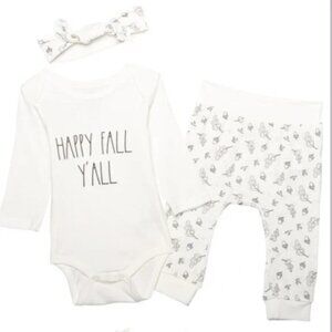Rae Dunn Happy Fall Yall 3 Piece Outfit Set 6-9 Months Onesie Pants Headband